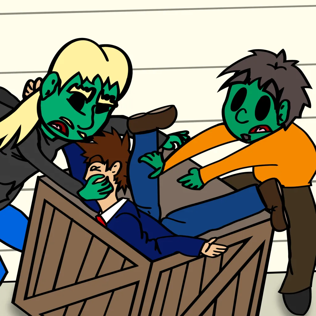 Illustration of two frog-like alien creatures shoving Malex into a crate.