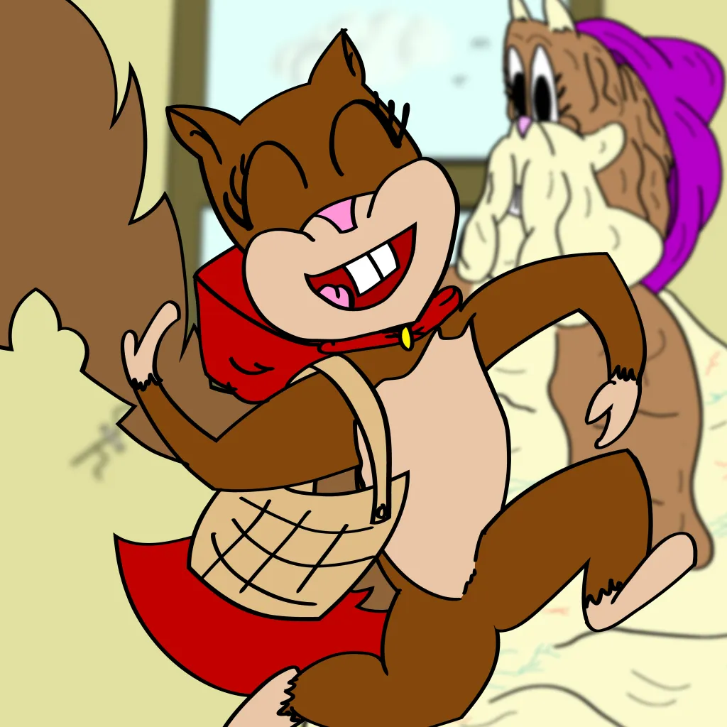 Illustration of Little Red Riding Squirrel frolicking in the foreground while Fat Purple Riding Squirrel looks on in the background.